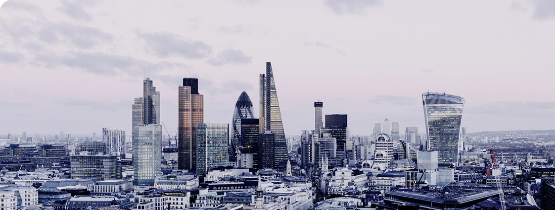 The London skyline featuring modern skyscrapers.