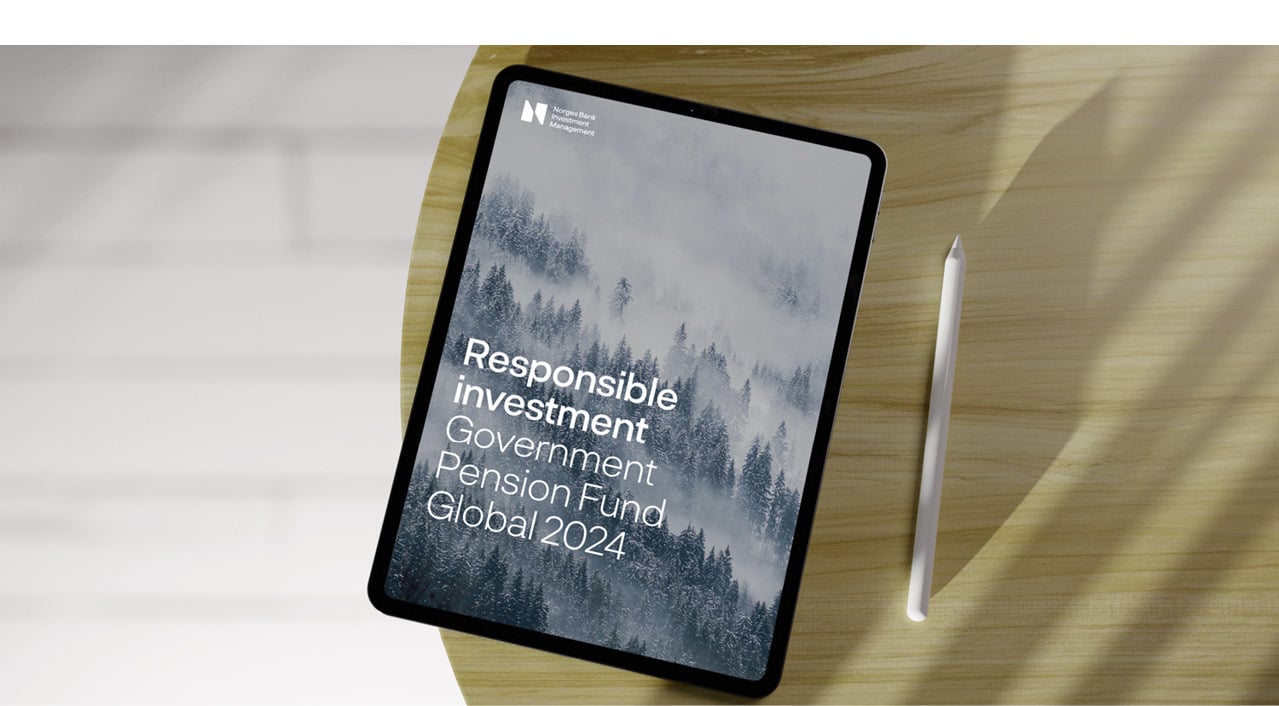 A tablet displaying the cover of the 2024 Responsible investment report for the Government Pension Fund Global.